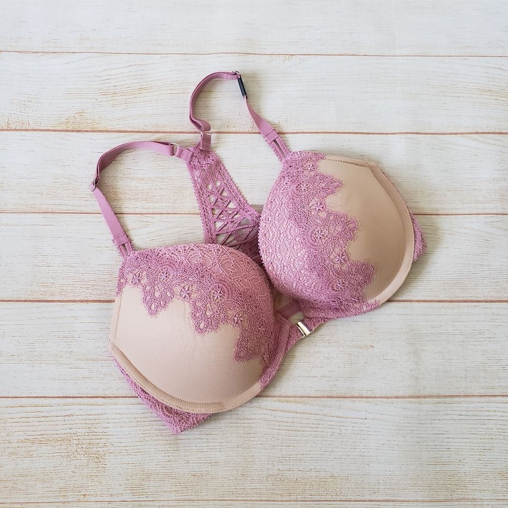 Victoria's Secret Dream Angels Push-Up Padded Lace Mesh Bra Size 32DD Pink/Nude